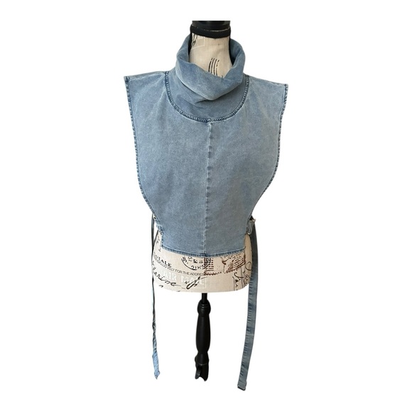 Cherie Tops - Cherie Cropped Denim Vest Top Buckle Open Side Cowl Neck Sz S NWT Utility Style